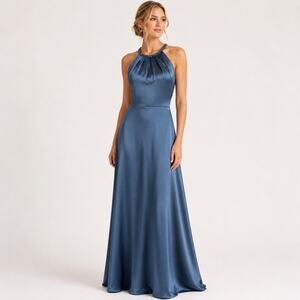 Rickie Freeman Teri Jon French Blue Satin Beaded Halter Gown Size 8 NWT